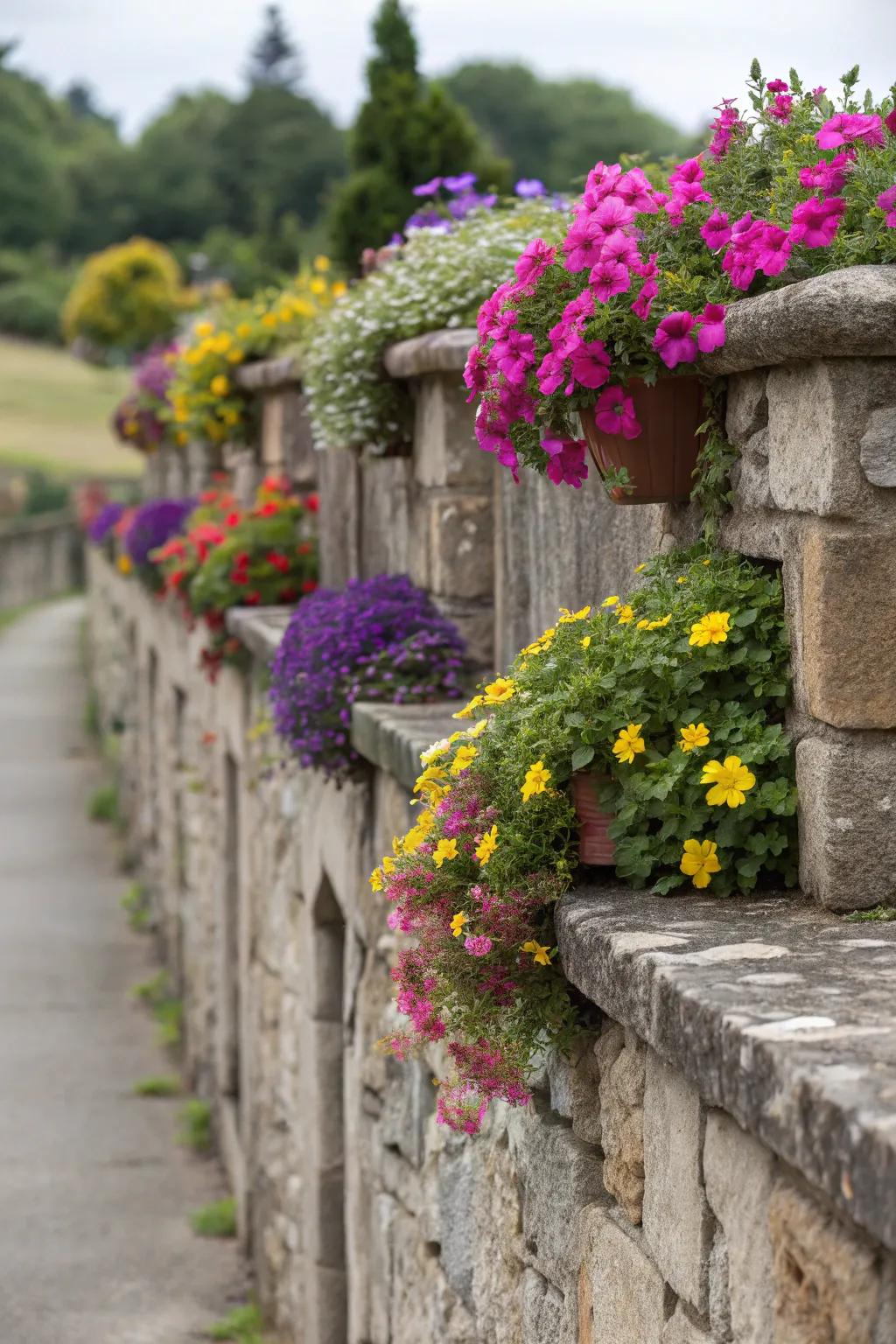 Planters in stone walls create lively garden accents.