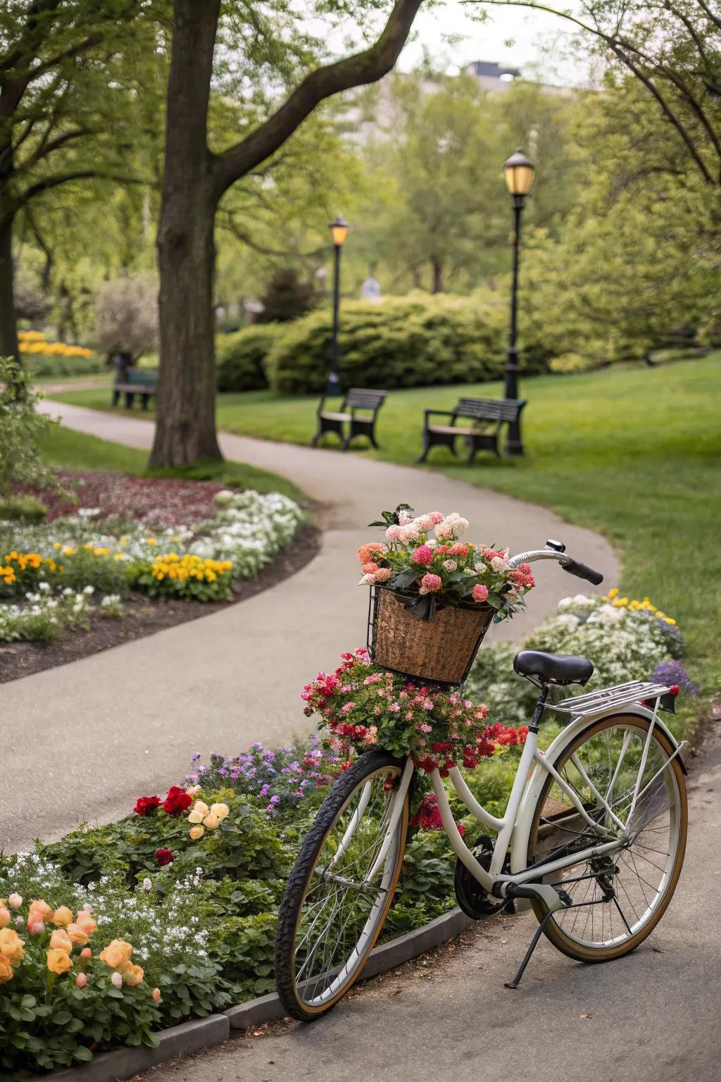 A classic bicycle adds a whimsical and nostalgic element to park decor.