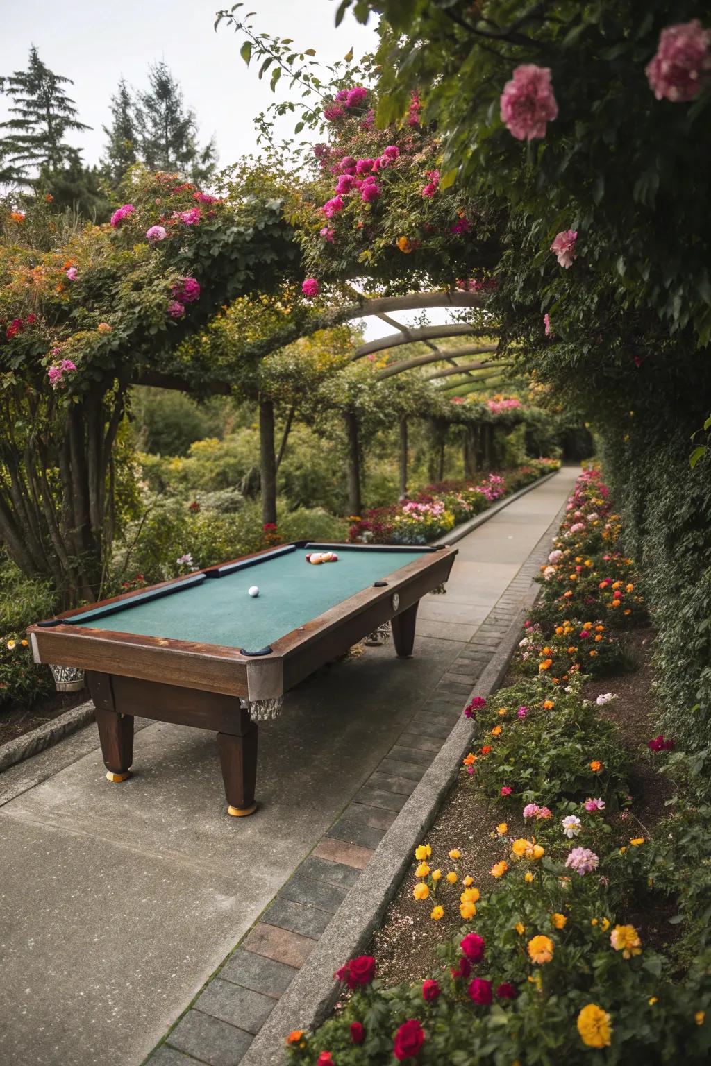 A billiard table positioned along a scenic garden footpath.