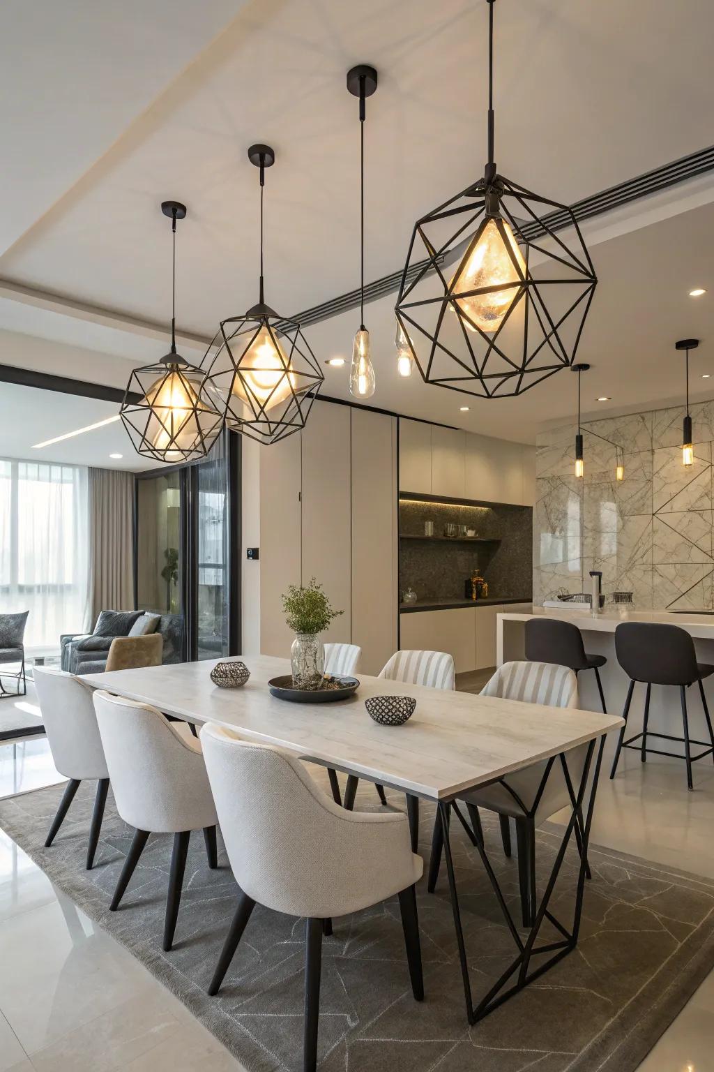 Geometric lighting fittings deliver an artistic touch to any eating space.