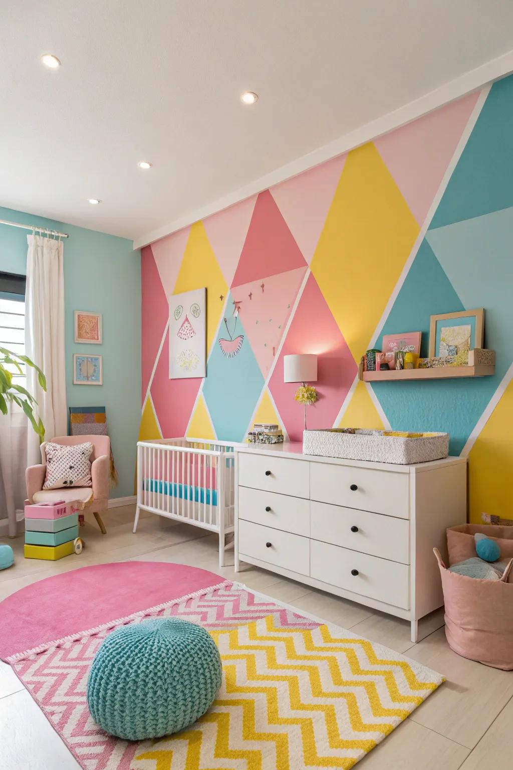 Unexpected color pairings create a unique and striking nursery environment.