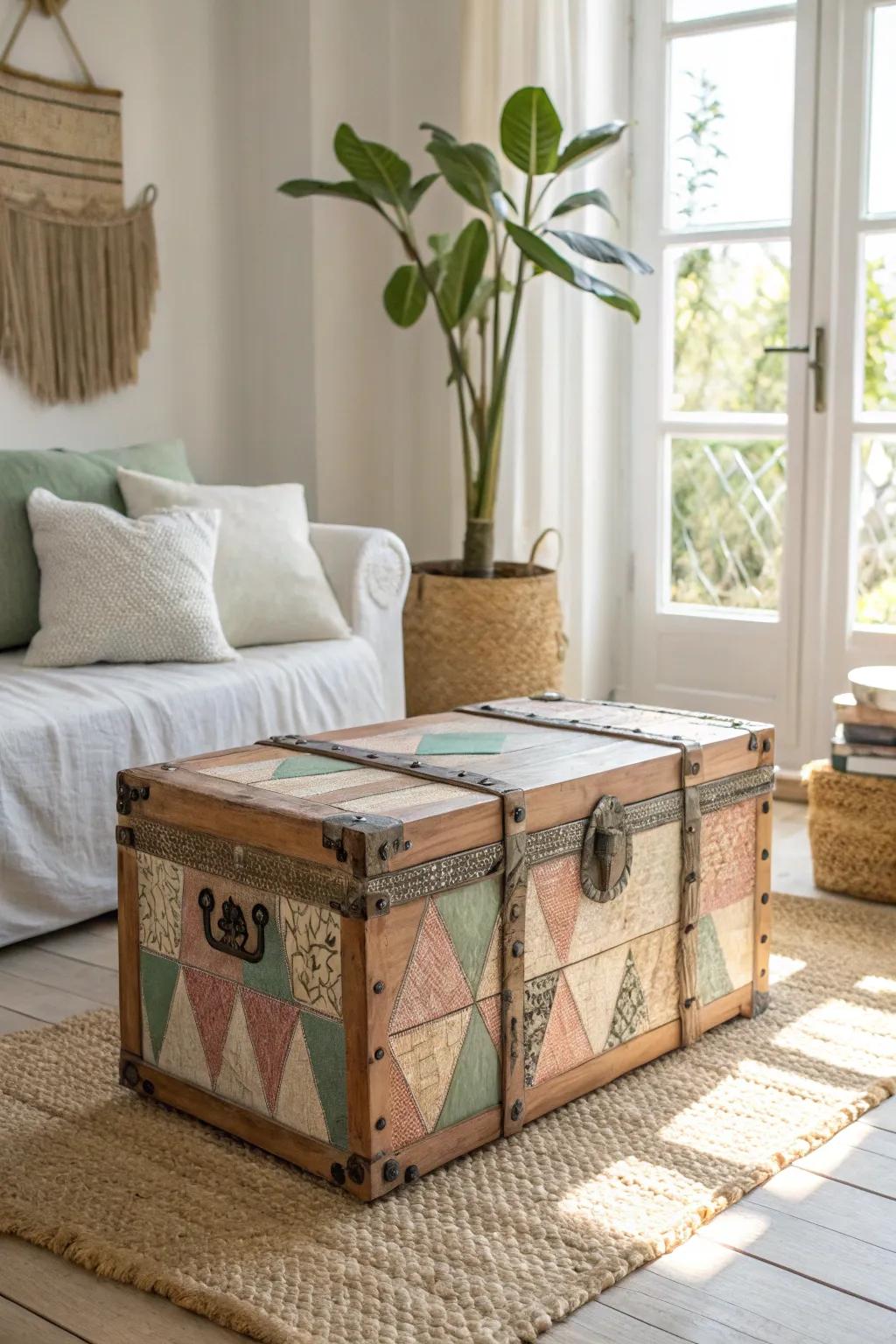 A vintage trunk transformed with a playful patchwork design, adding charm and warmth to your minimalist sanctuary.