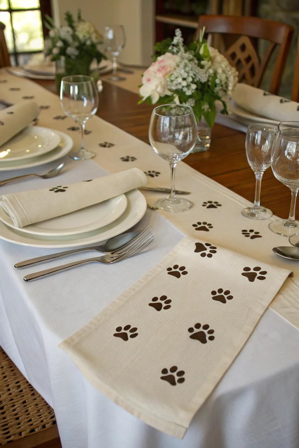 An elegant dining setup with a paw table runner.
