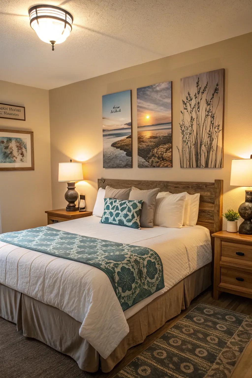 A bedroom showcases relaxing wall art that contributes to a peaceful ambiance.
