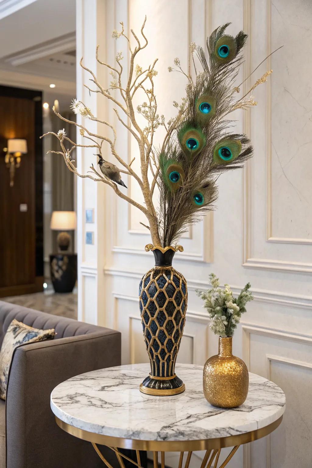 A sumptuous centerpiece featuring gilded branches and plume bird quills.