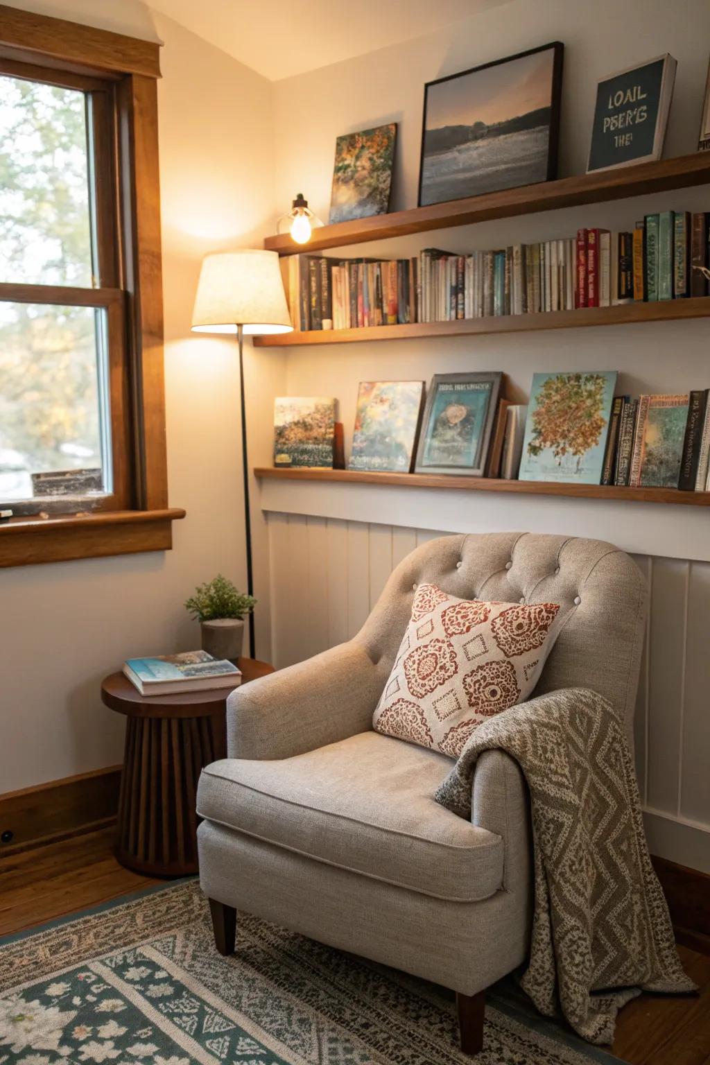 A reading nook display ledge results in a tranquil retreat.