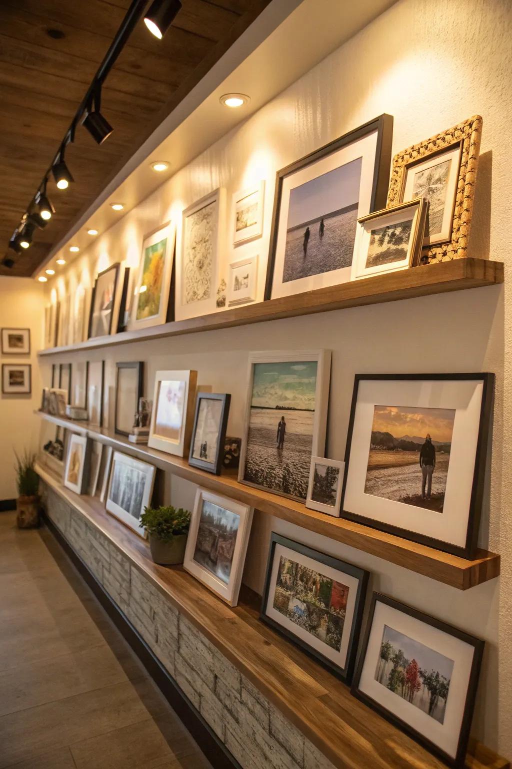 Picture wall with easily changeable shelf display.