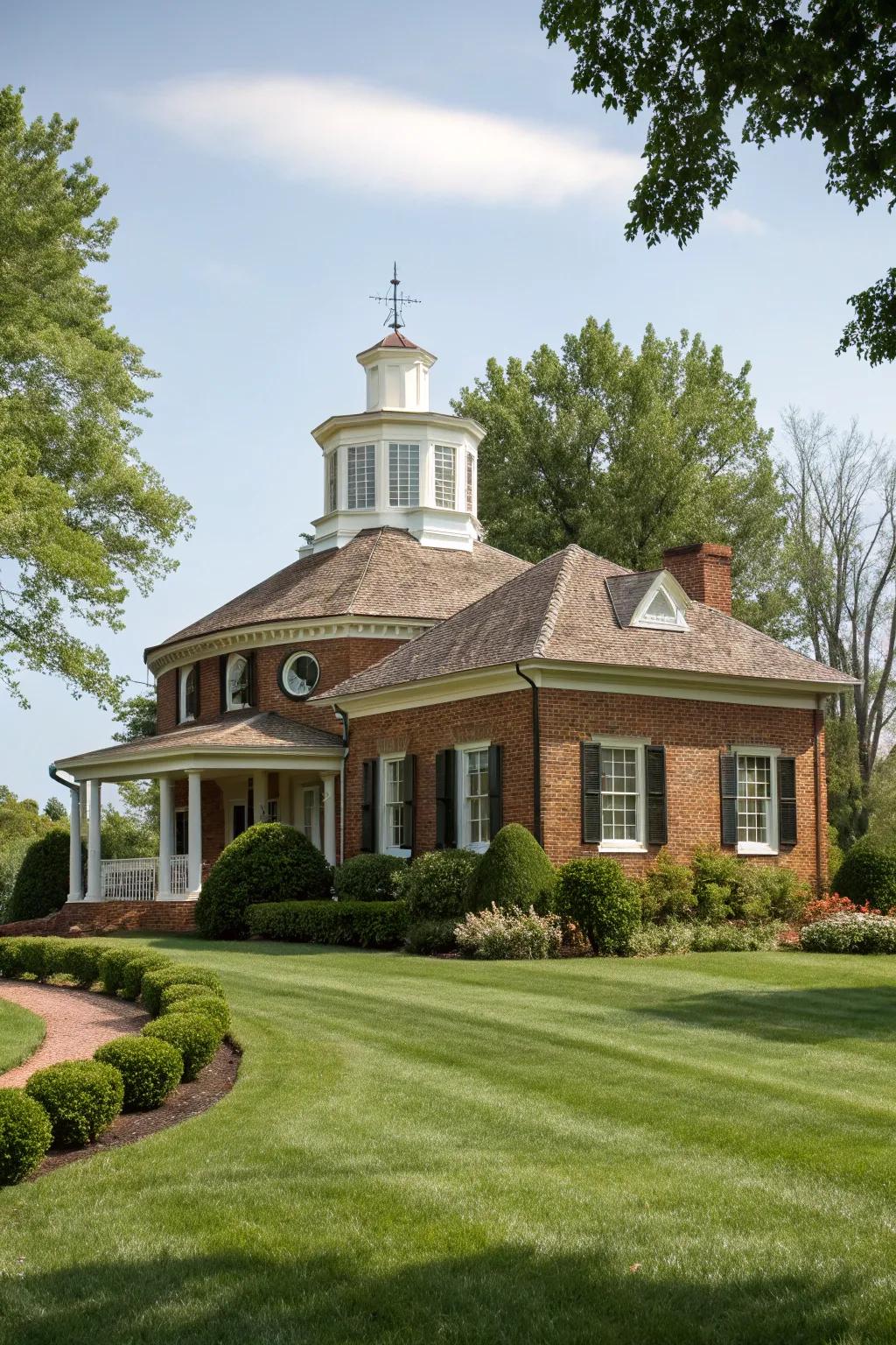 A classic brick house with an elegant cupola.