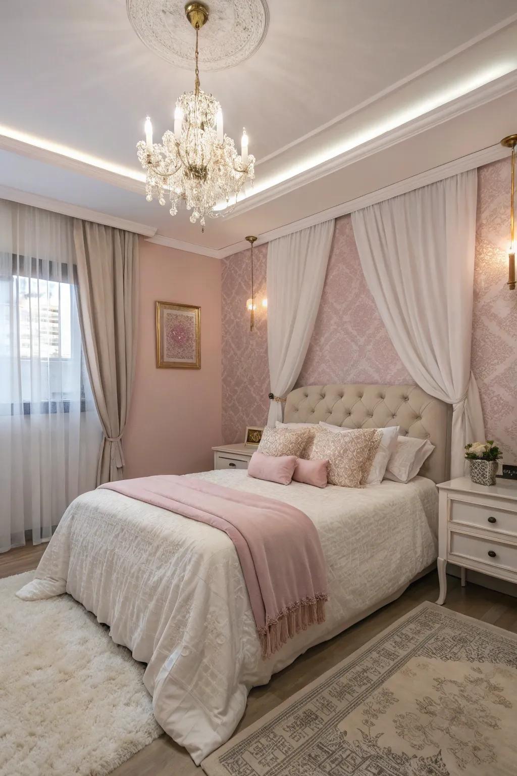 Rose pearl tones create a luxurious and serene bedroom escape.