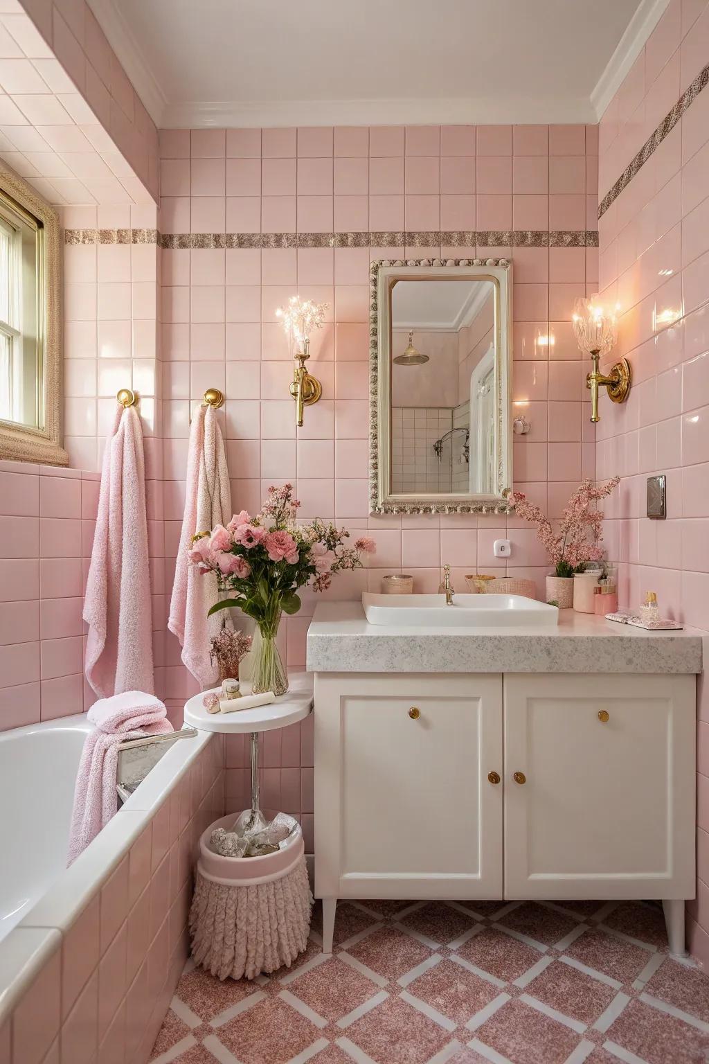 A graceful bathroom with feminine hints and rose tiles.