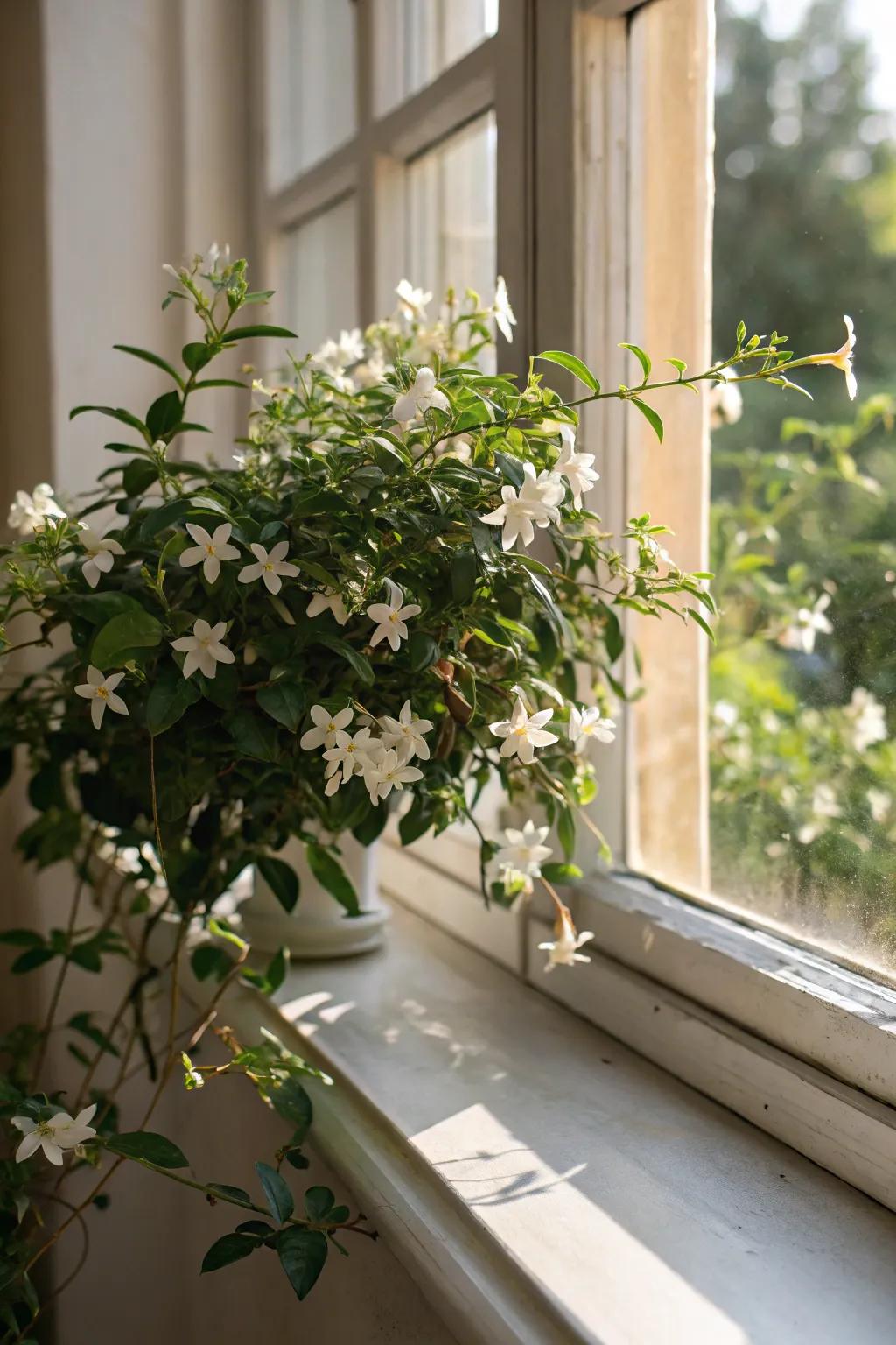 A fragrant jasmine plant, permeating the atmosphere through its sweet aroma.