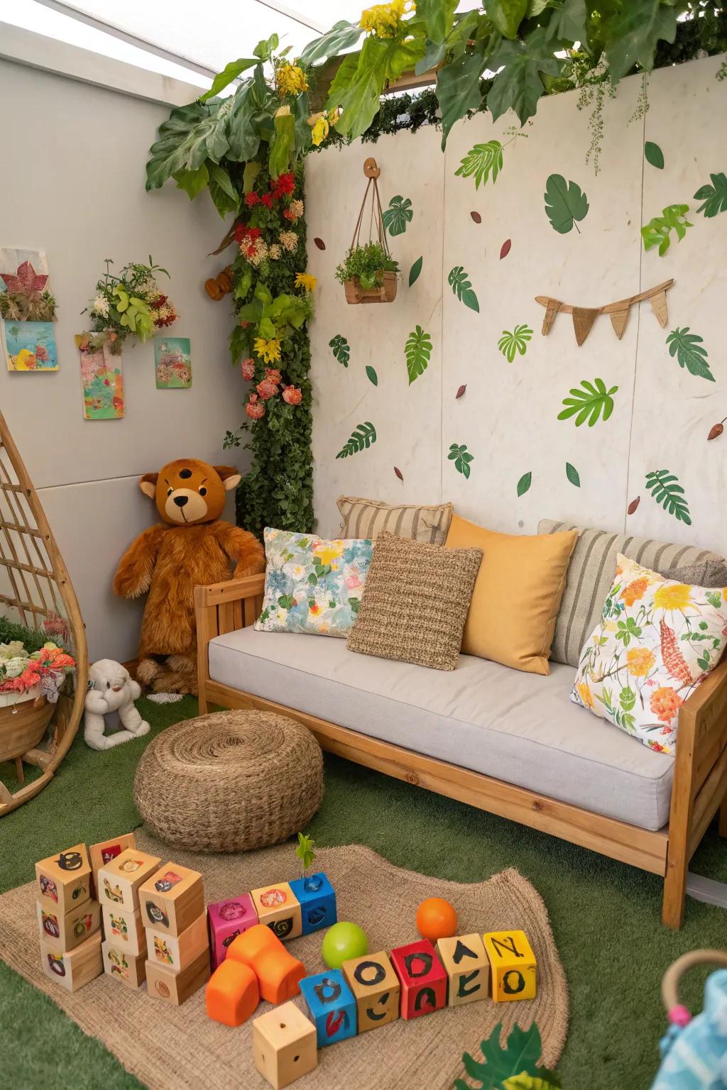 A refreshing playroom equipped with an outdoor-themed sofa.