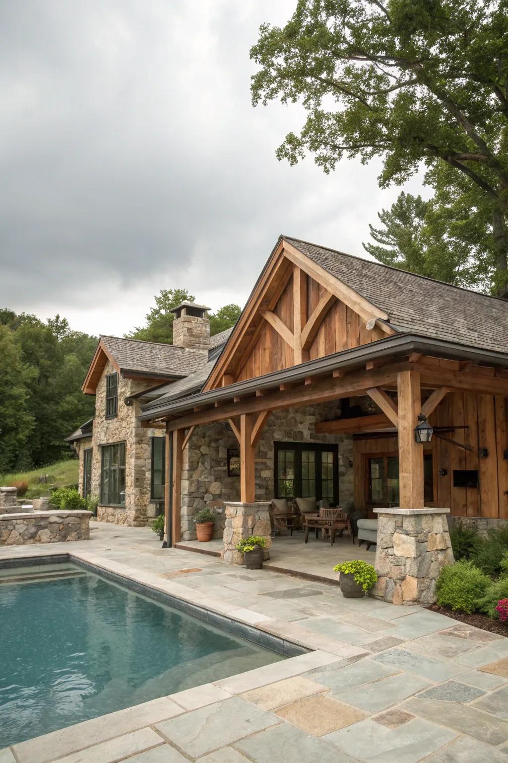 Design a rustic retreat with natural wood and stone elements