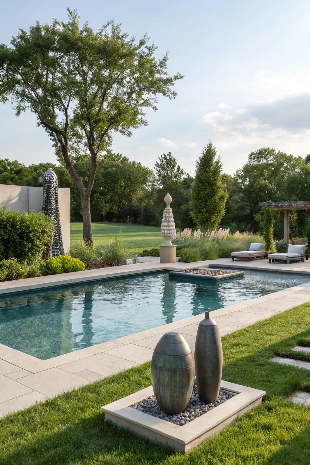 A backyard pool enhanced with refined sculptures.