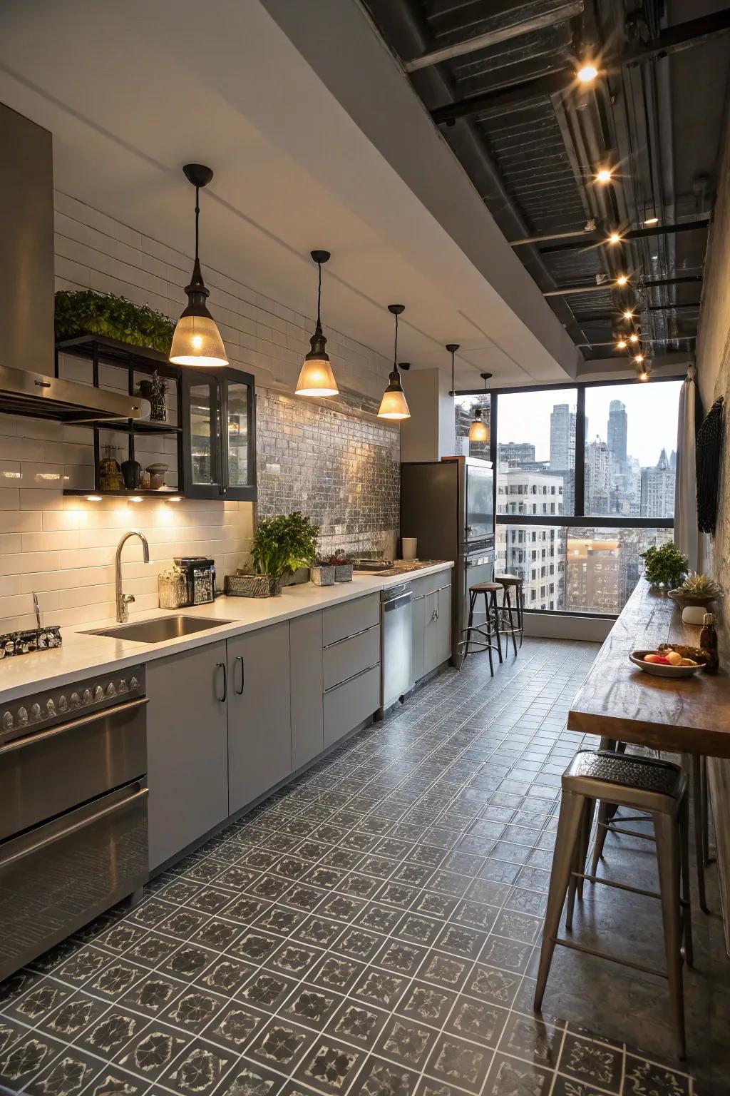 Metallic-look tiles inject a contemporary and industrial edge into kitchen designs.