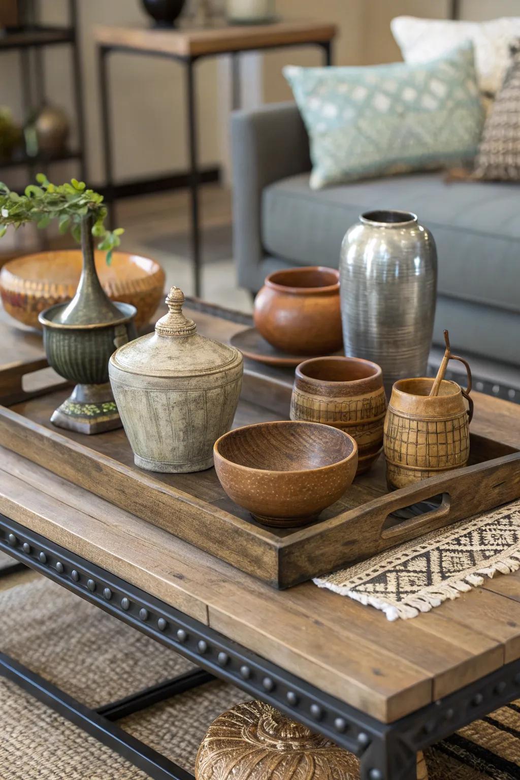 An eclectic intermix of pottery, lumber, and metal on a coffee surface.