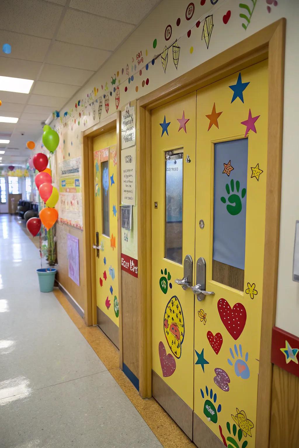 A welcoming classroom door with personalized designs.