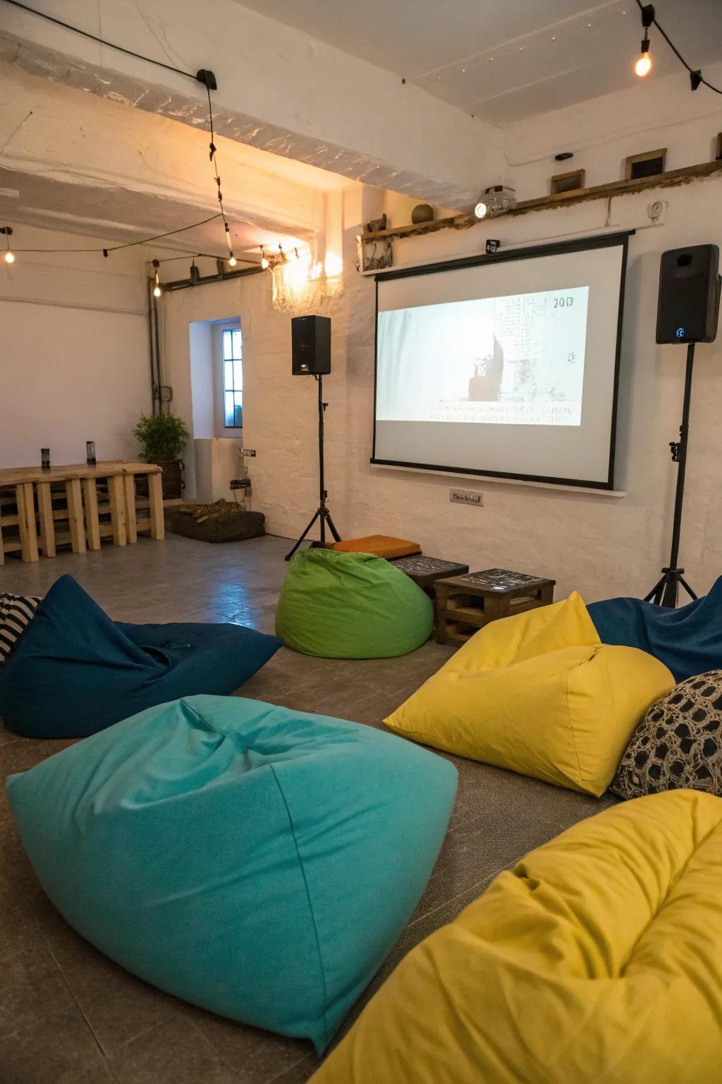 Floor cushions provide informal and cozy seating options.