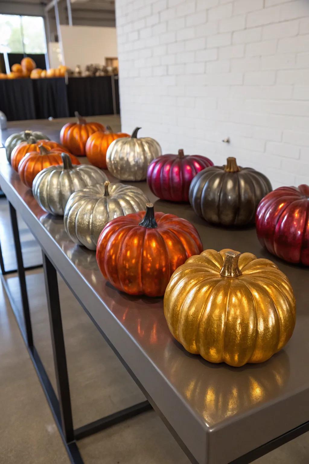 Metallic pumpkins incorporate a sleek and sophisticated highlight.