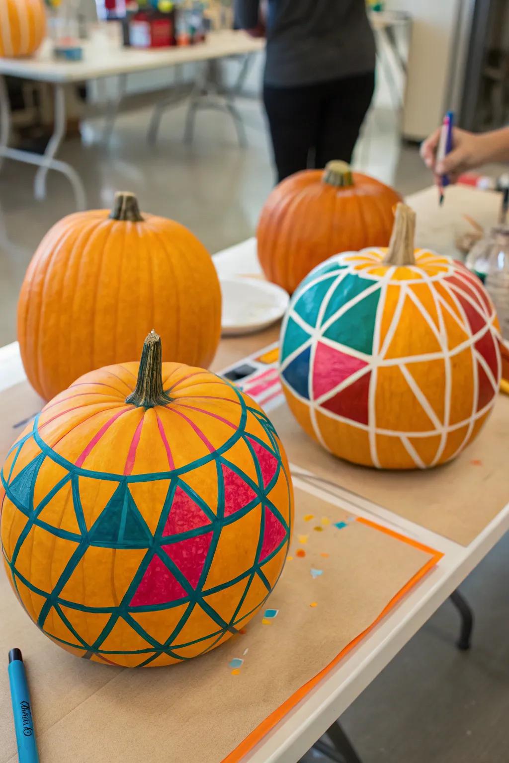 Tape art pumpkins exhibiting striking geometric patterns.