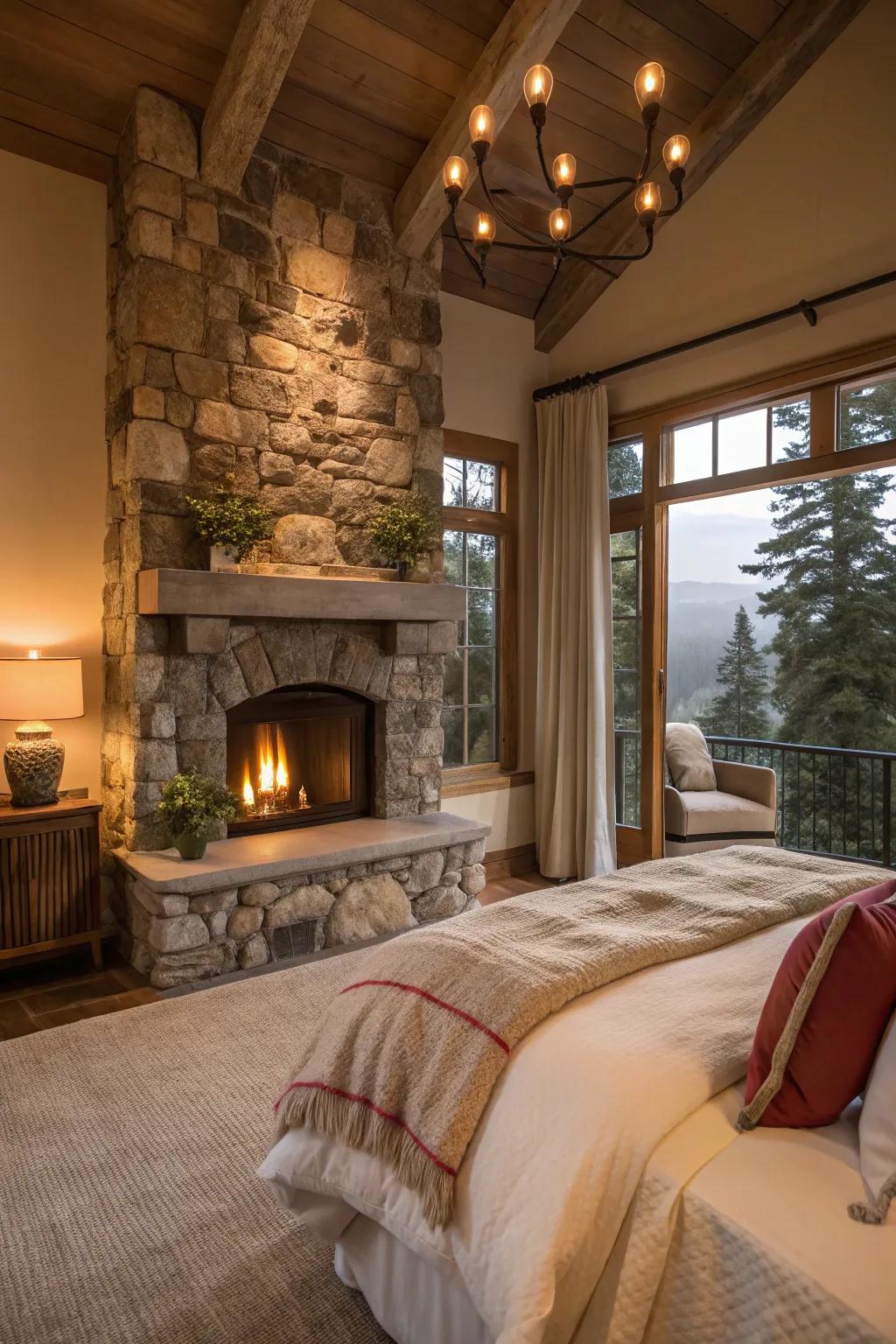 A bedroom featuring a stone hearth and a snug ambiance.