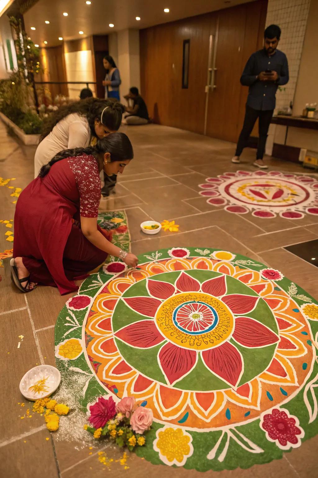 Collaborative rangoli invites participation, making it a communal festive activity.