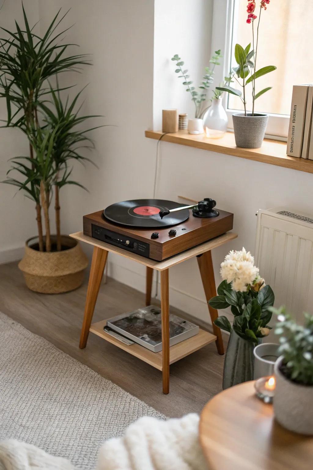 Zen-inspired in a record player space.