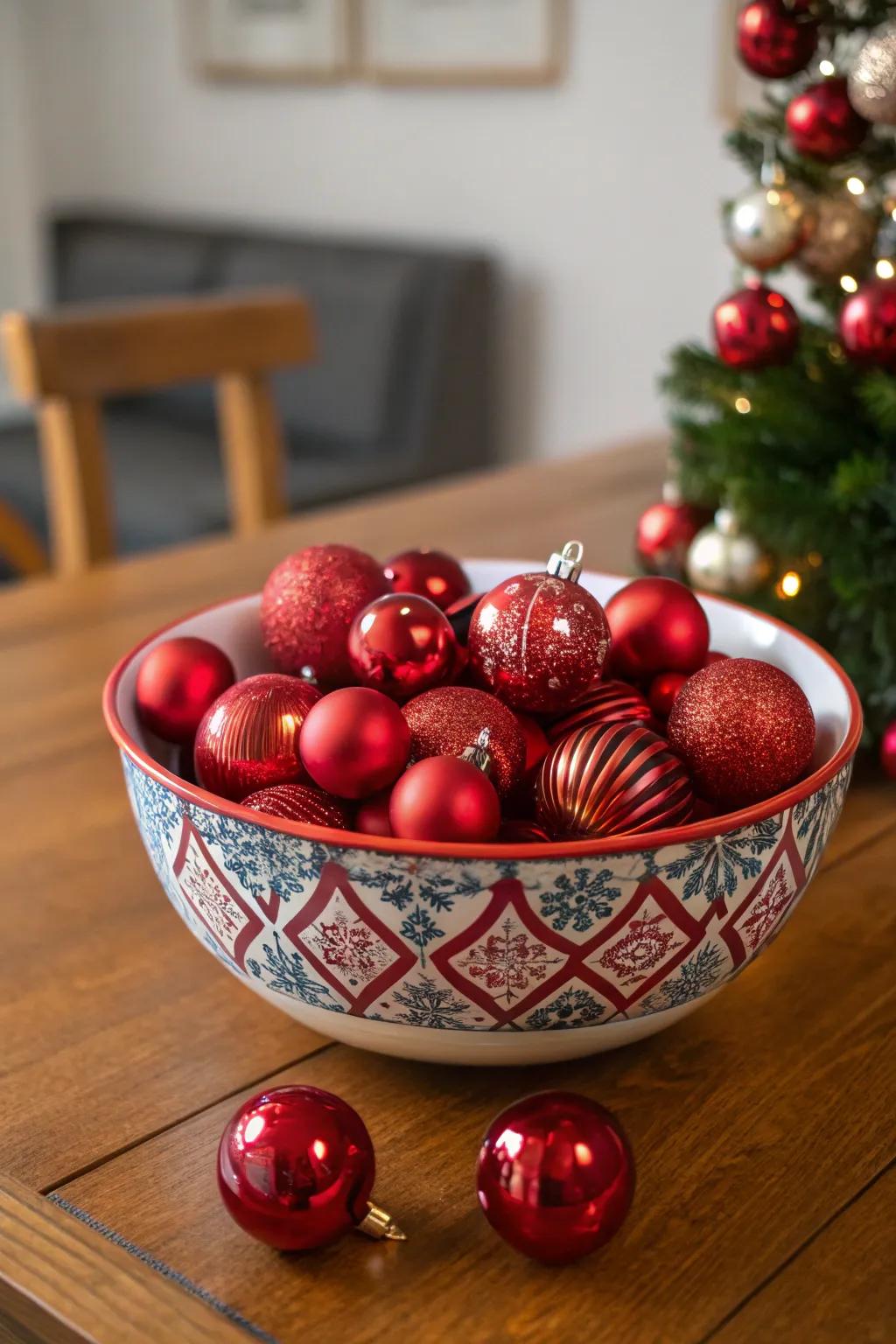 A unique display of crimson ornaments adding festive charm.