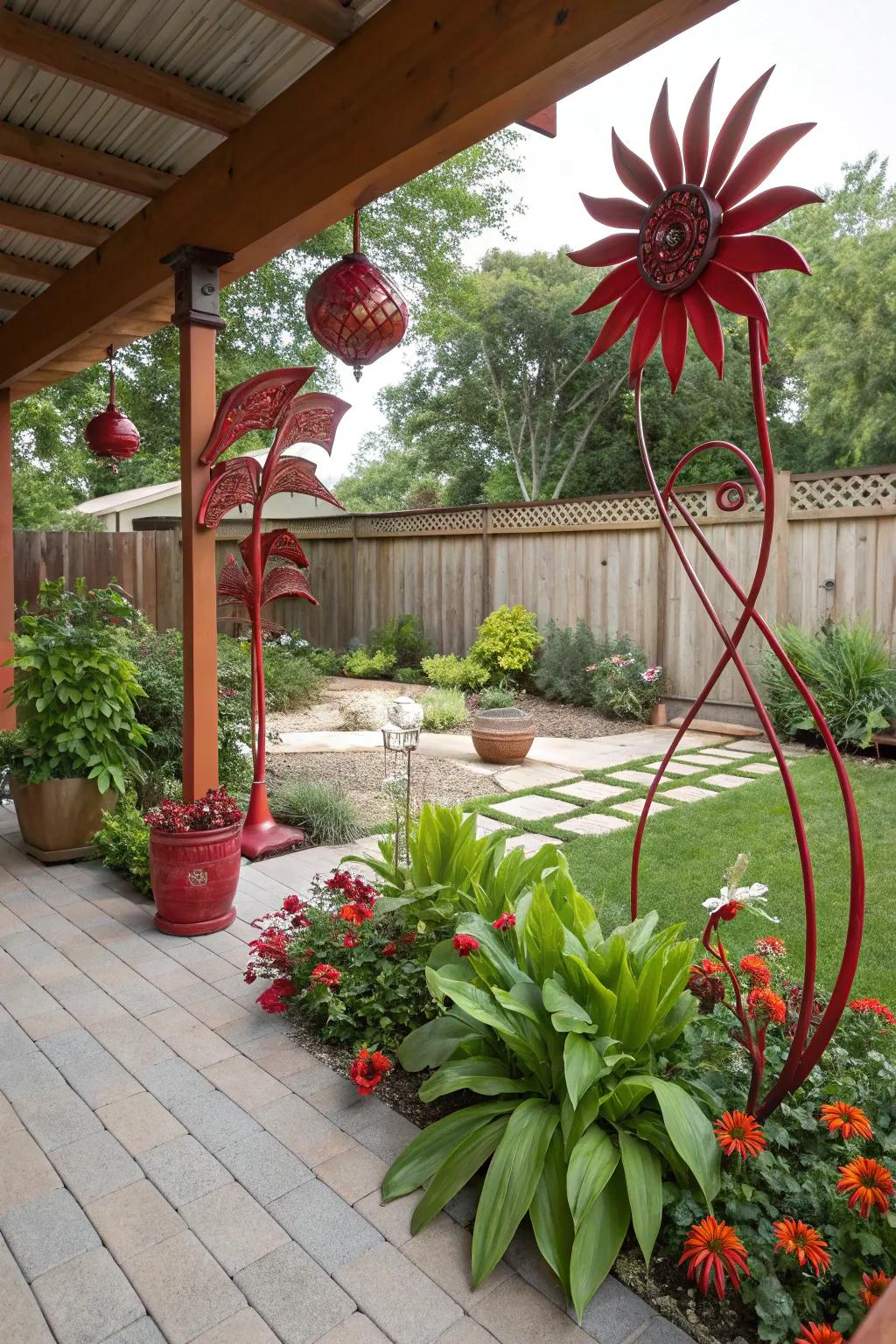 Scarlet sculptures add personality and flair to the patio.