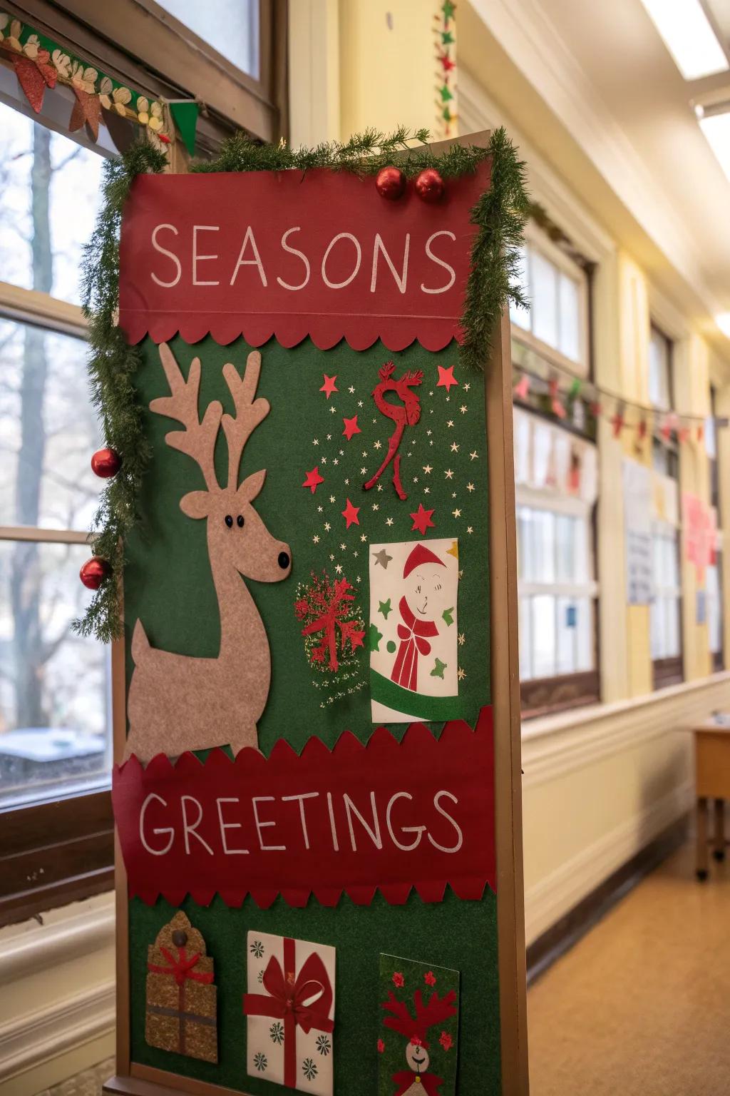 Reindeer with greetings craft a welcoming holiday board.