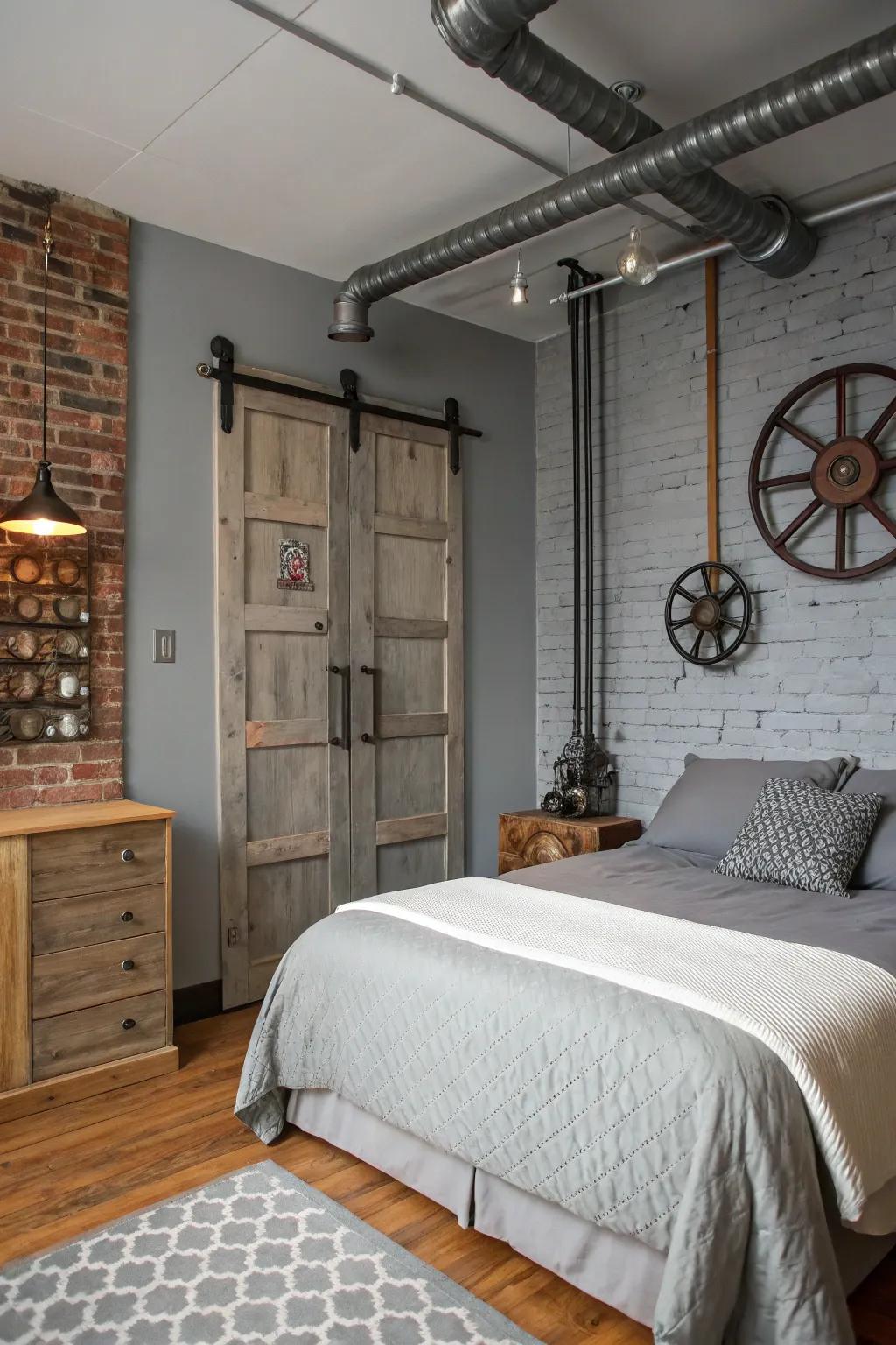 Industrial elements add an edge to a Stone Echo bedroom.