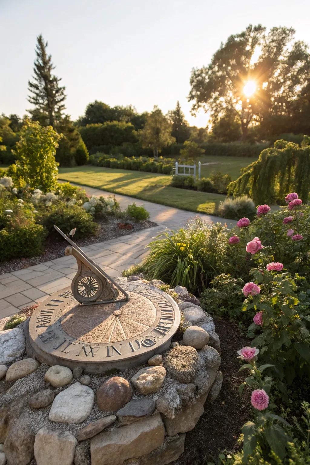 A decorative stone sundial blending function and beauty in a garden.