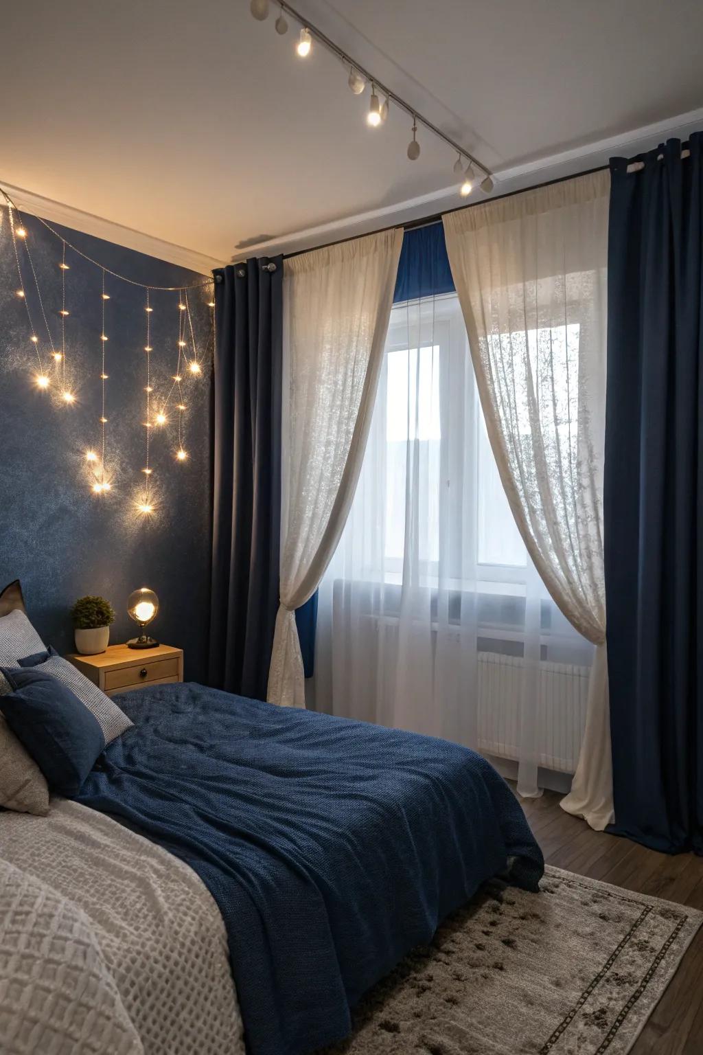 Layered curtains improve comfort and allow for light control.