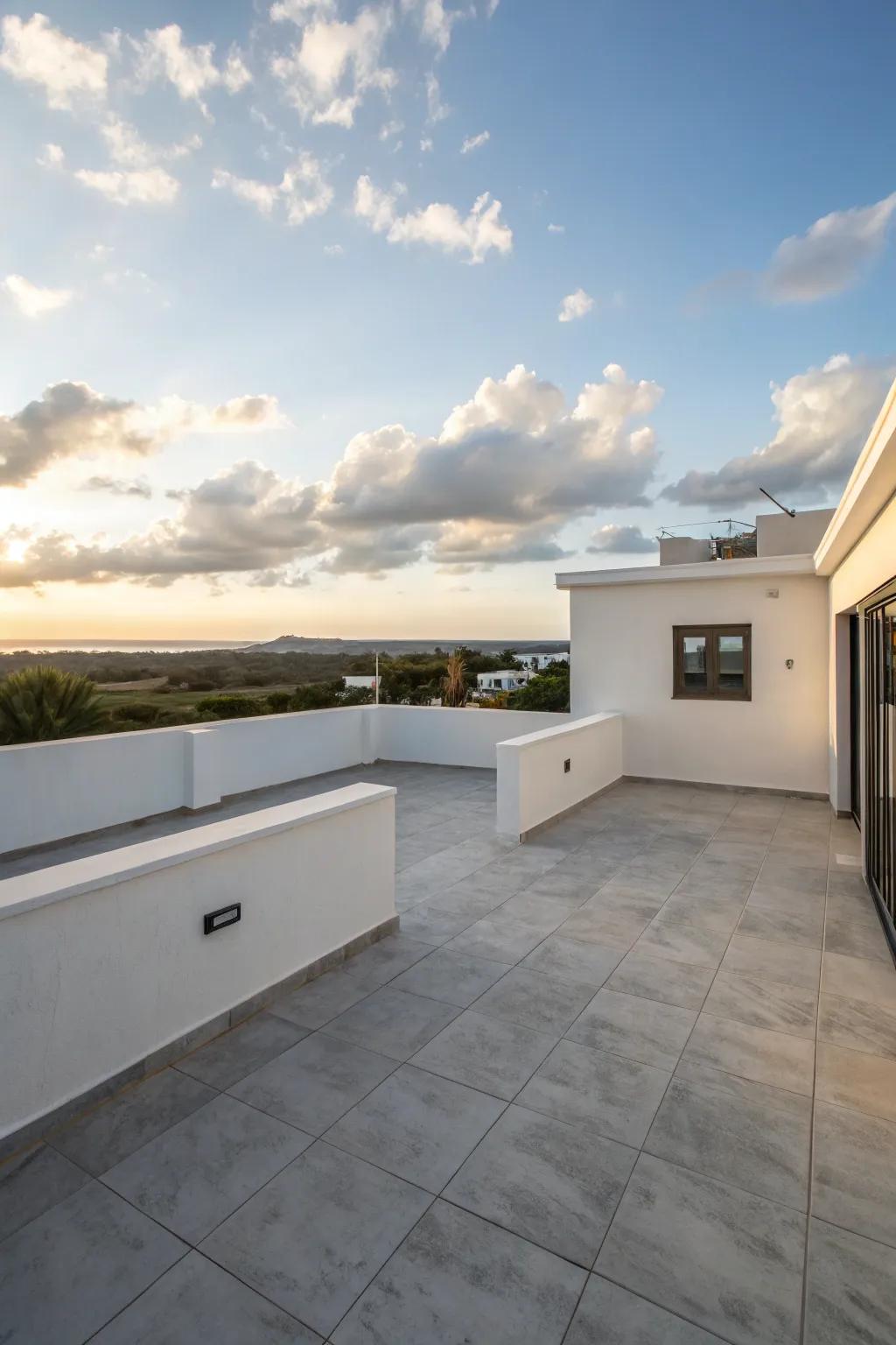 A minimalist layout provides a tranquil retreat on your rooftop.