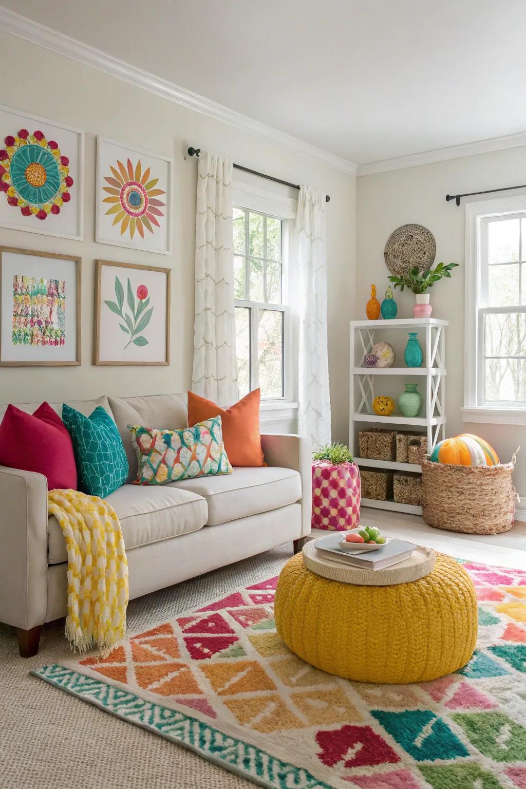 A lively room featuring unexpected and fun bursts of color.