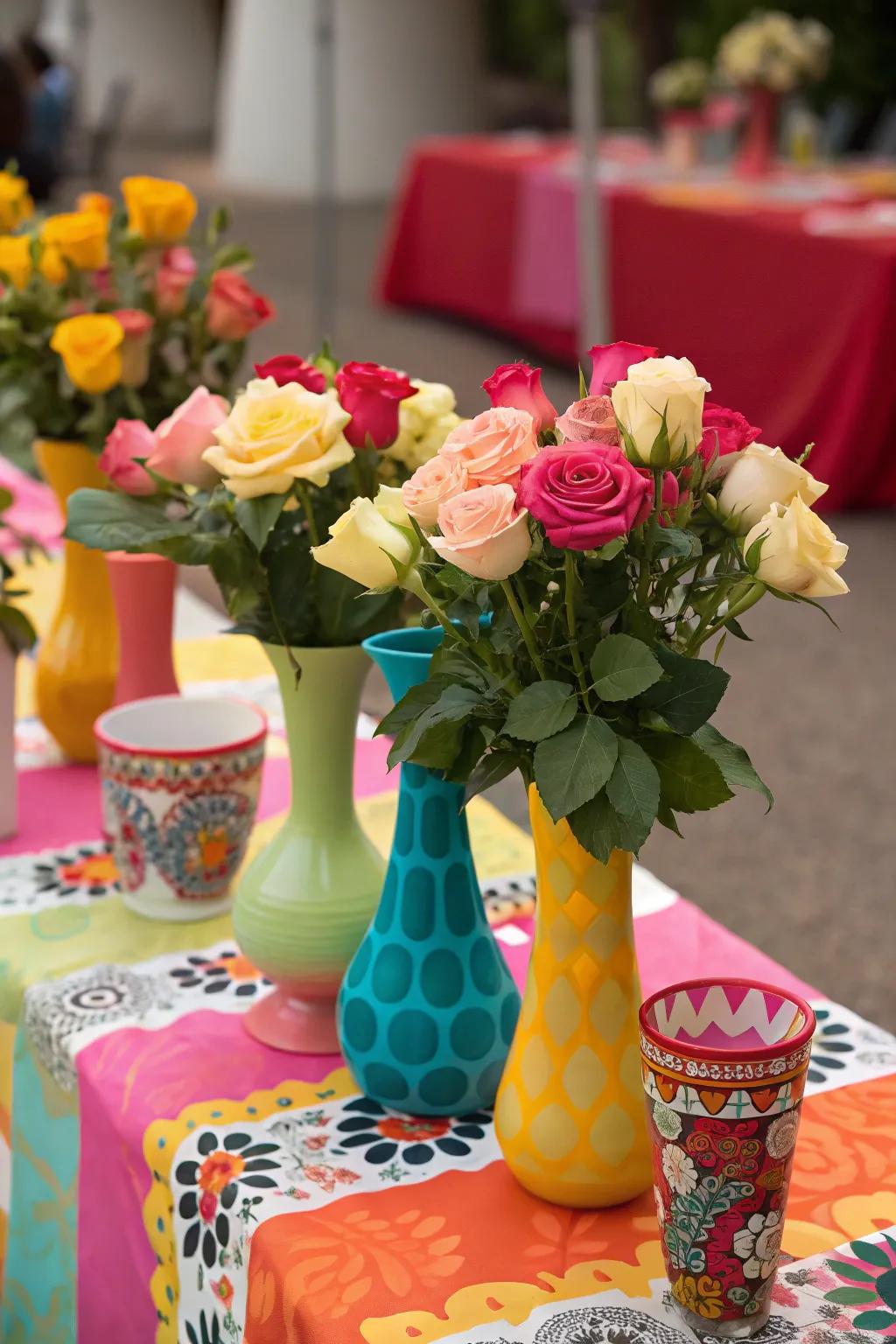 Lively Eclectic Mix with Vibrant Vases and Roses