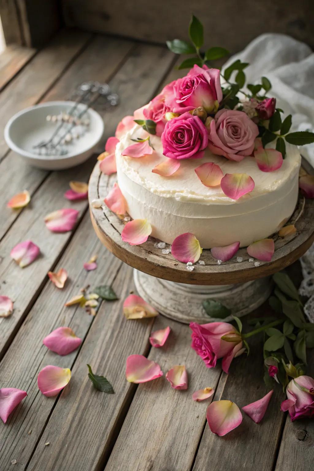 A baked confection beautifully adorned with fresh floral adornments