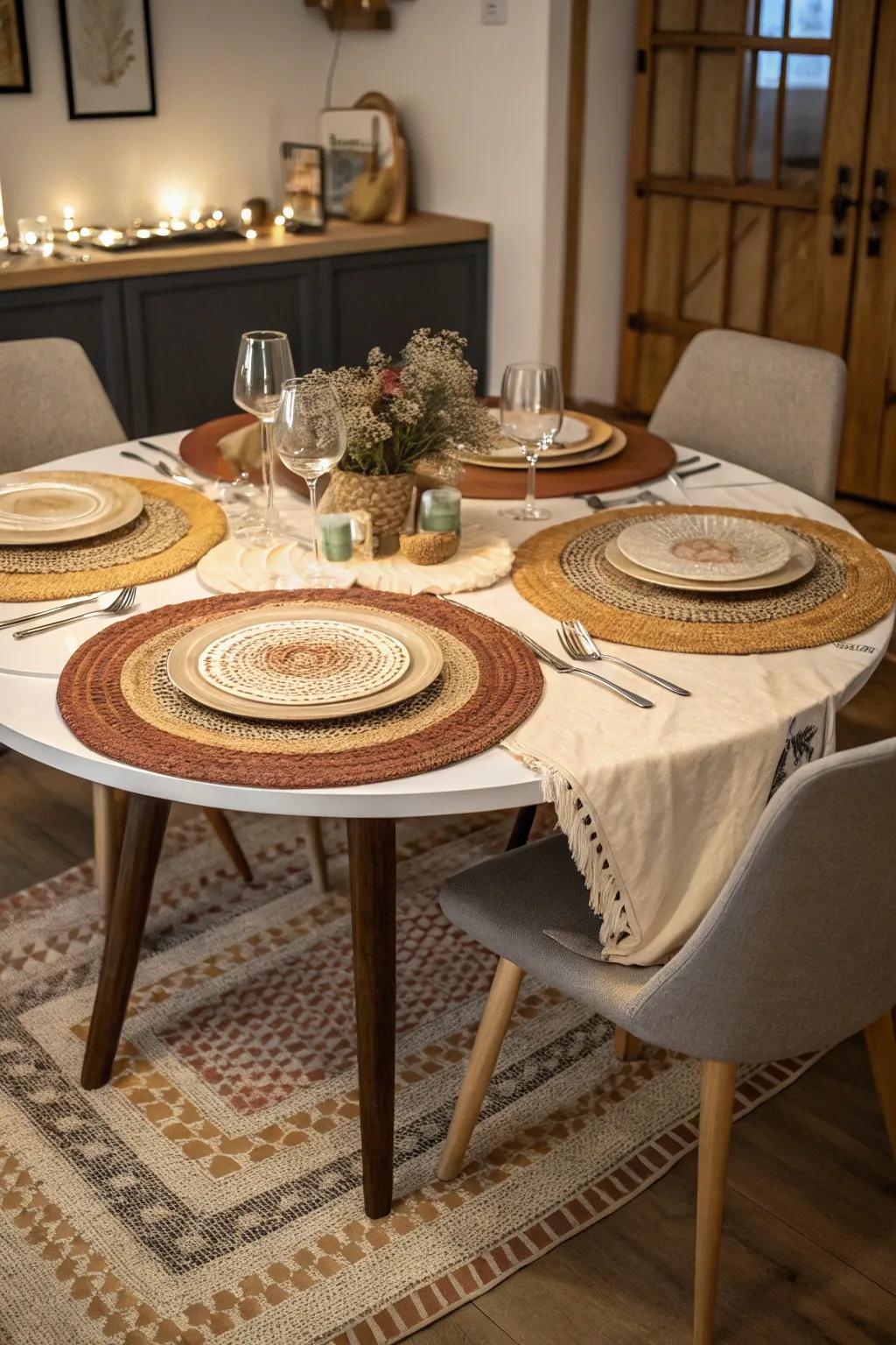 Layered floor coverings define the area and add coziness.