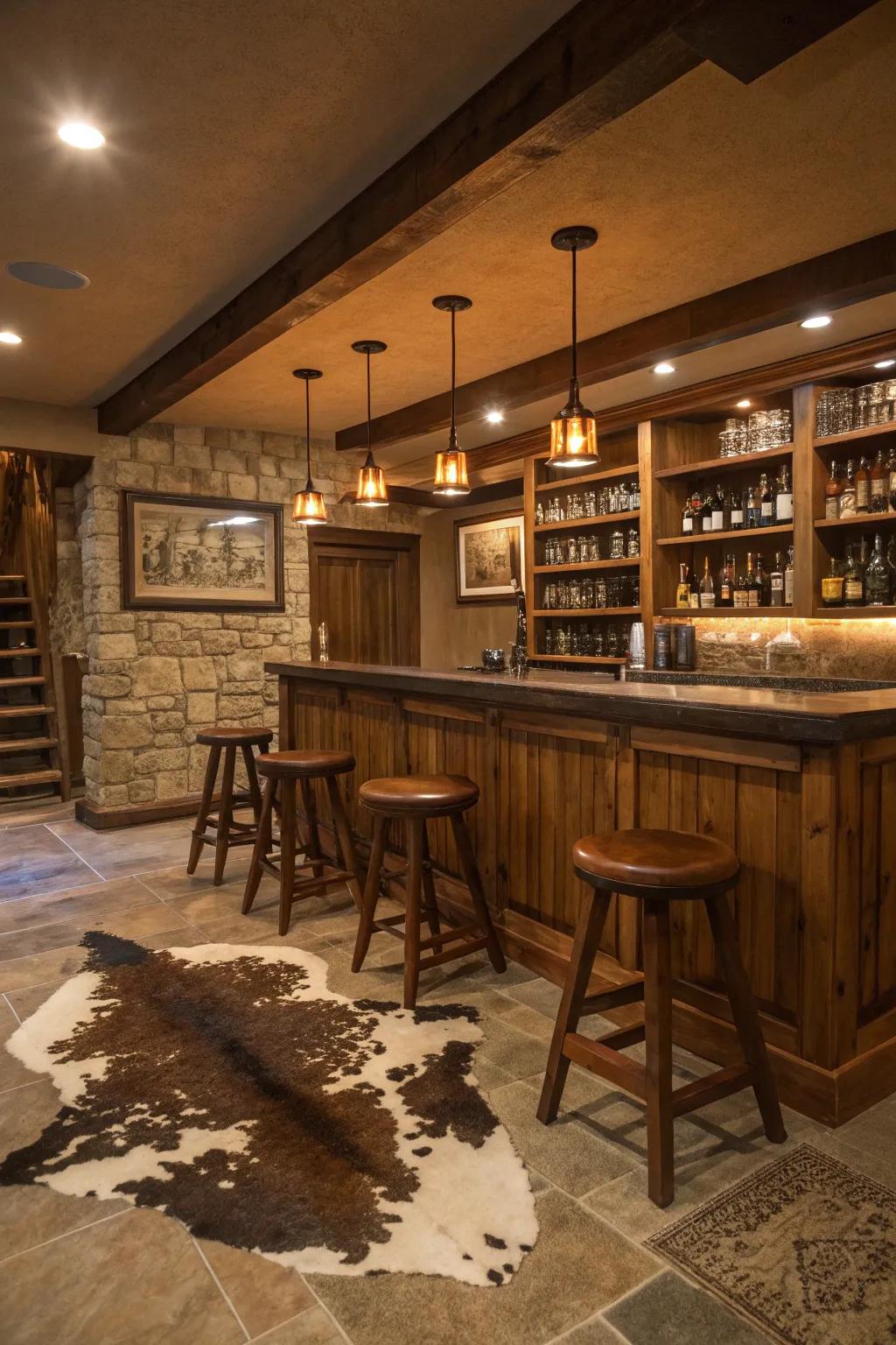 A bovine hide rug adding texture and warmth to the bar area.