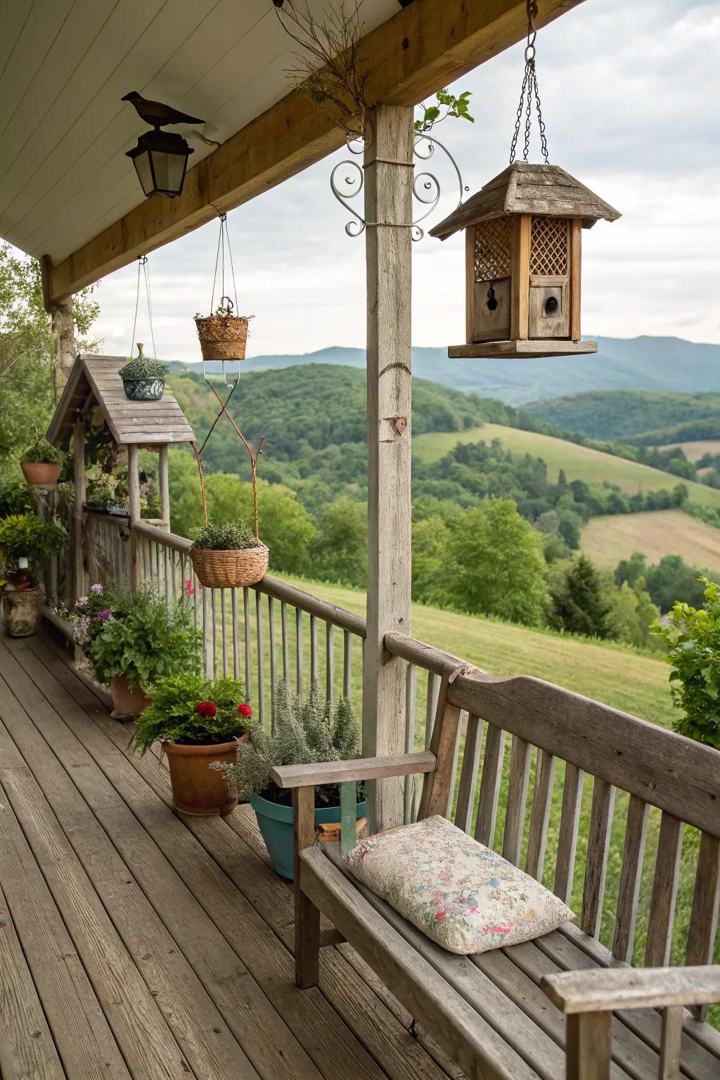 Seed dispensers welcome nature's beauty to this farmhouse porch.