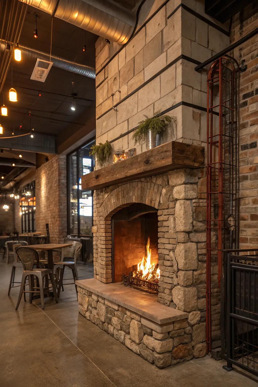 A countryside-industrial mixture creates a trendy appearance for this fireplace.
