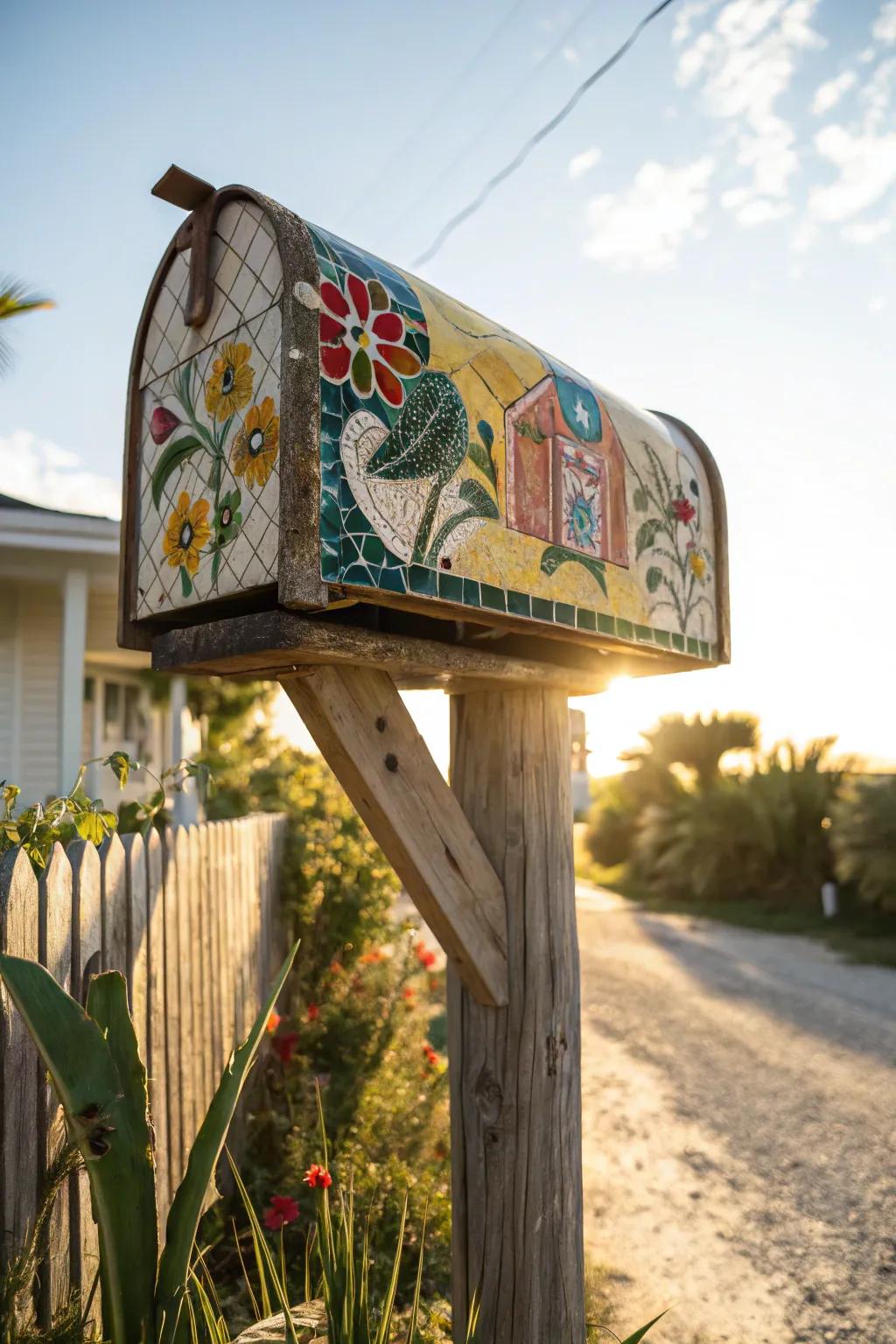 Mosaic tiles convert this mailbox support into a vibrant work of art.