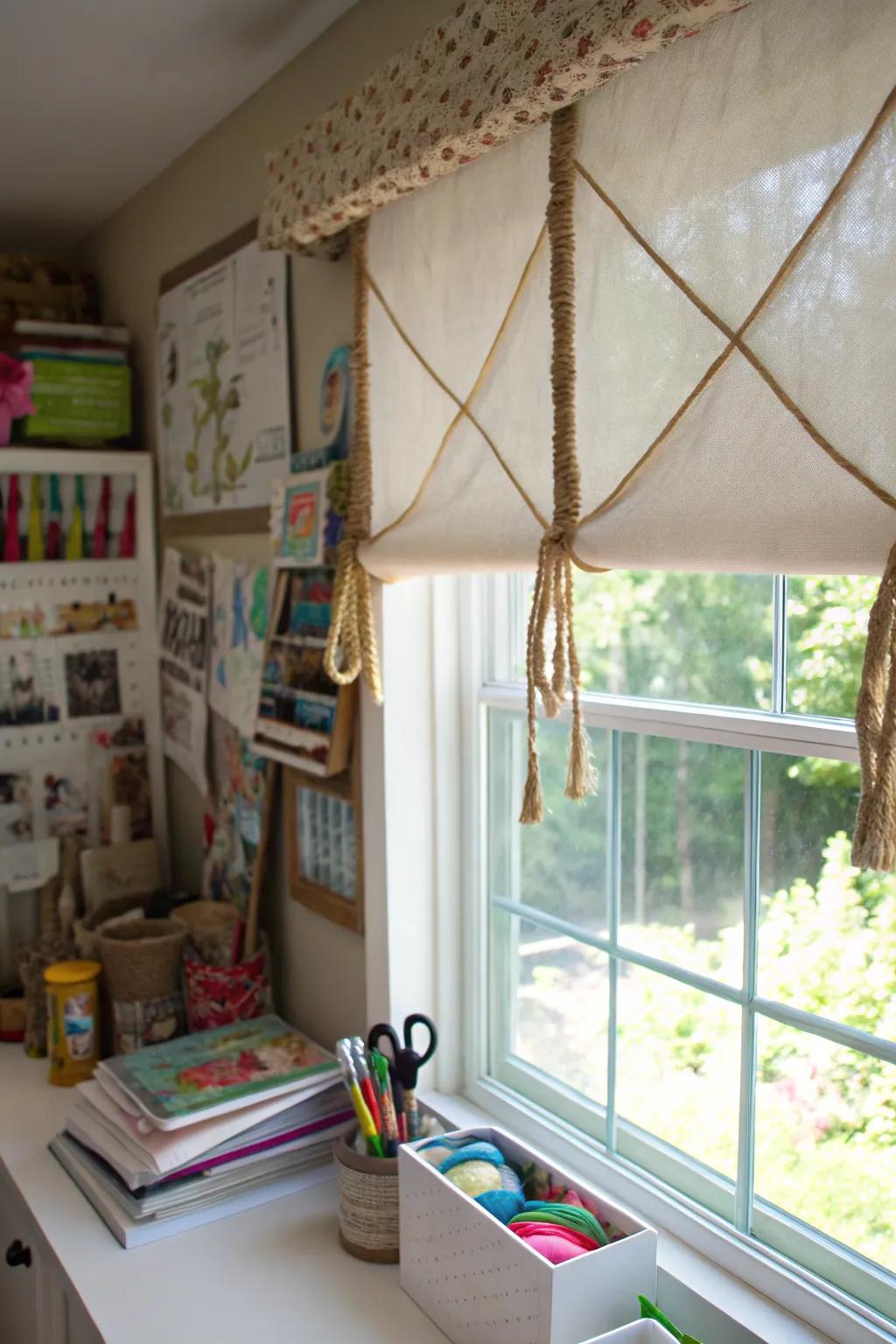 A creative craft room with a valance featuring cordage details, adding a handmade touch.
