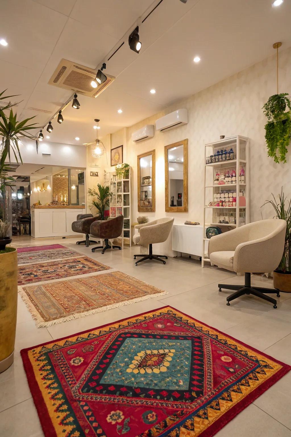 Striking area rugs defining and warming up the space.