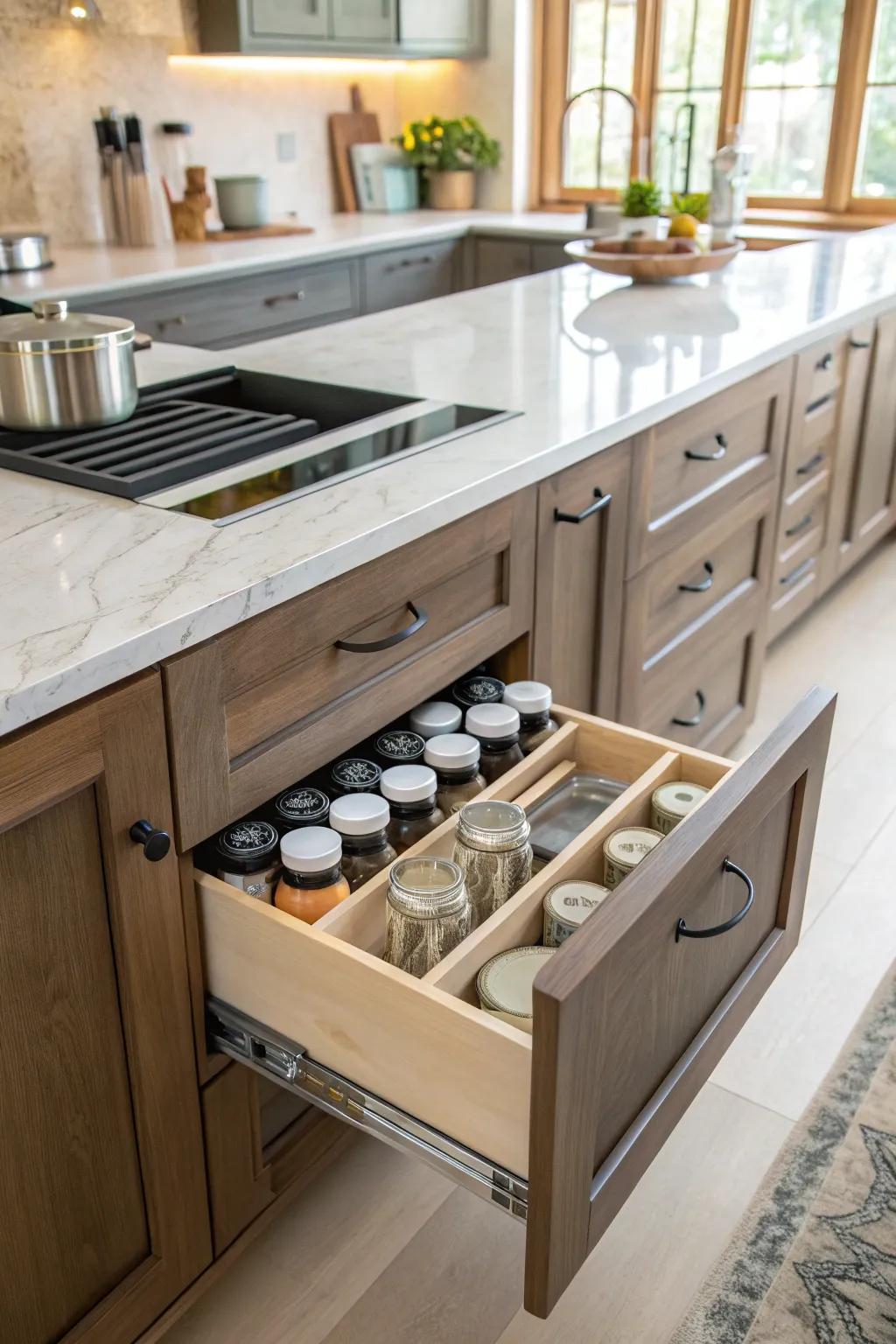 A hidden compartment drawer offers discreet storage for mixing containers.