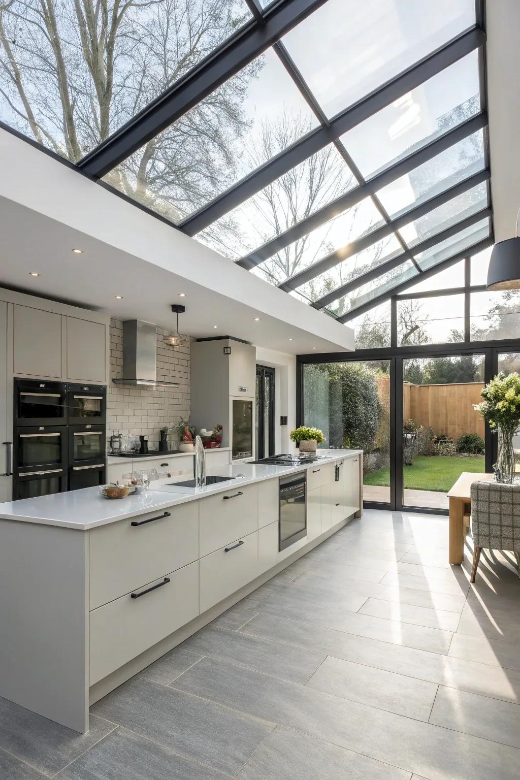 Glass segments amplify light and panache within a modern kitchen.
