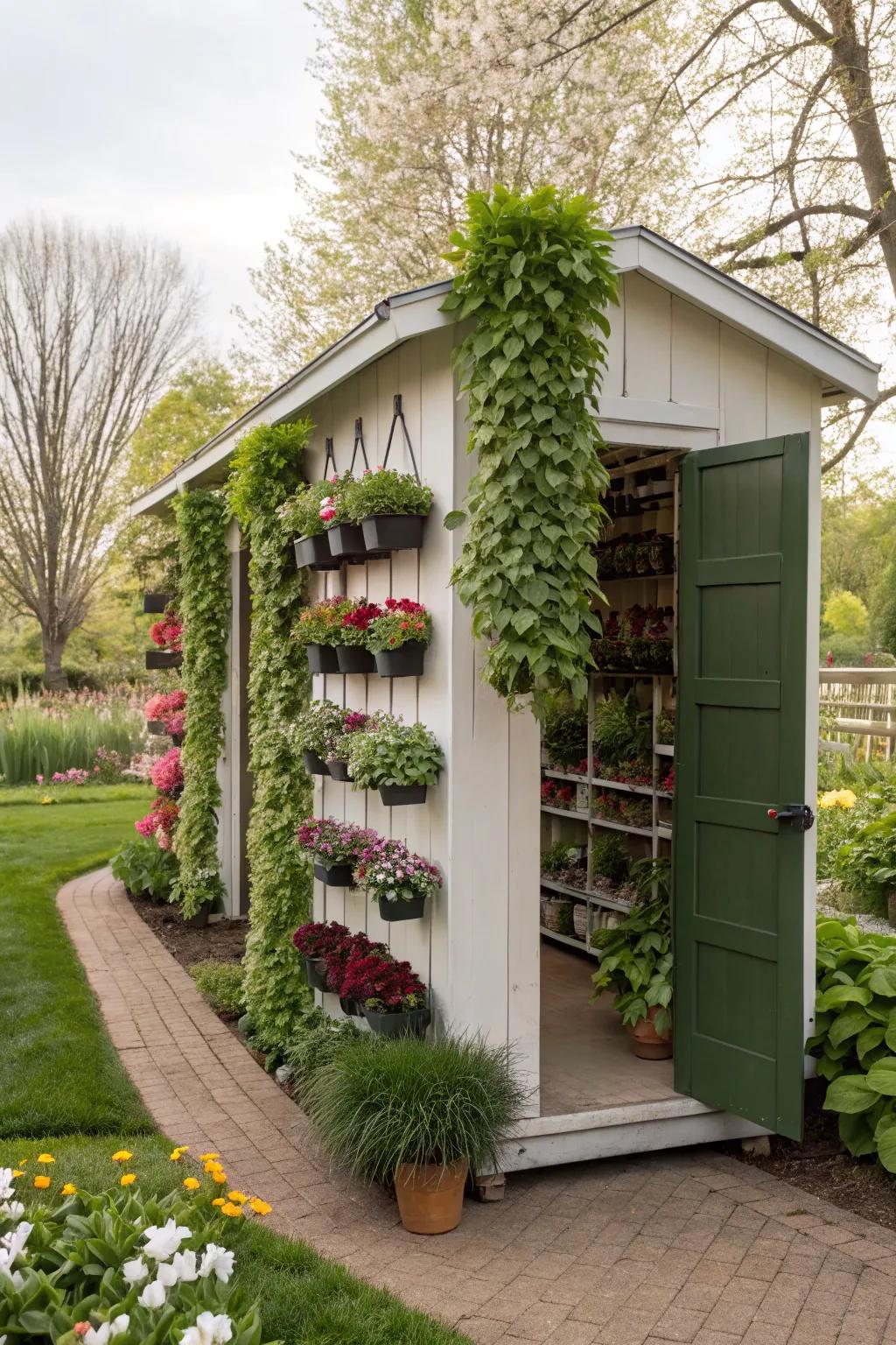 A garden shed showcasing a lush vertical botanical display.