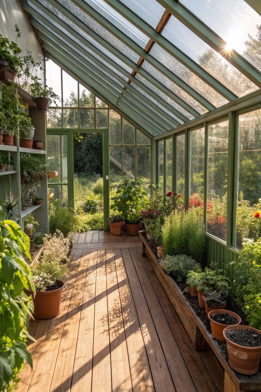 A garden shed home featuring an eco-conscious greenhouse section.