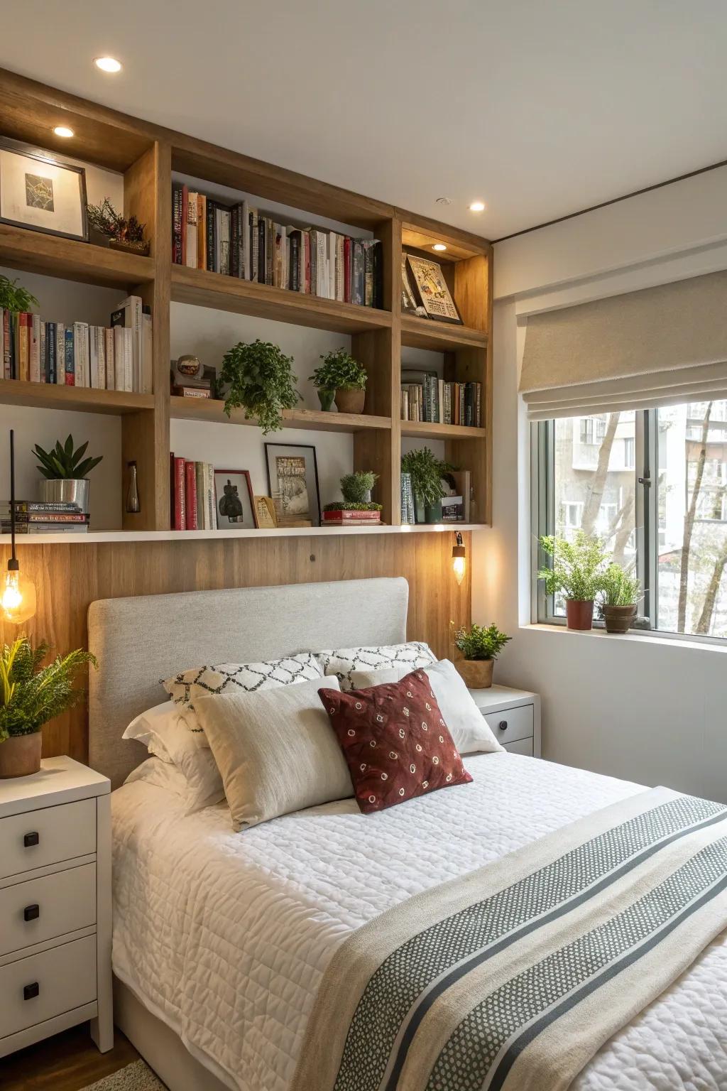 Shelves as a headboard offer both style and storage.