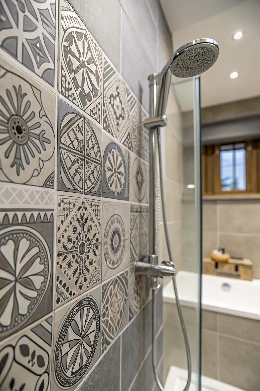 Glamorous art deco influences featuring grey tiles.
